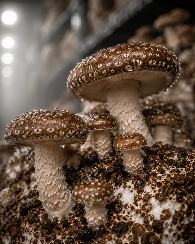 Close-up view of shiitake fruiting bodies
