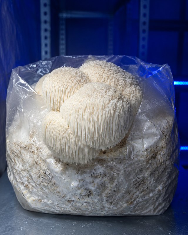 Sterile mushroom block with hericium fruiting body