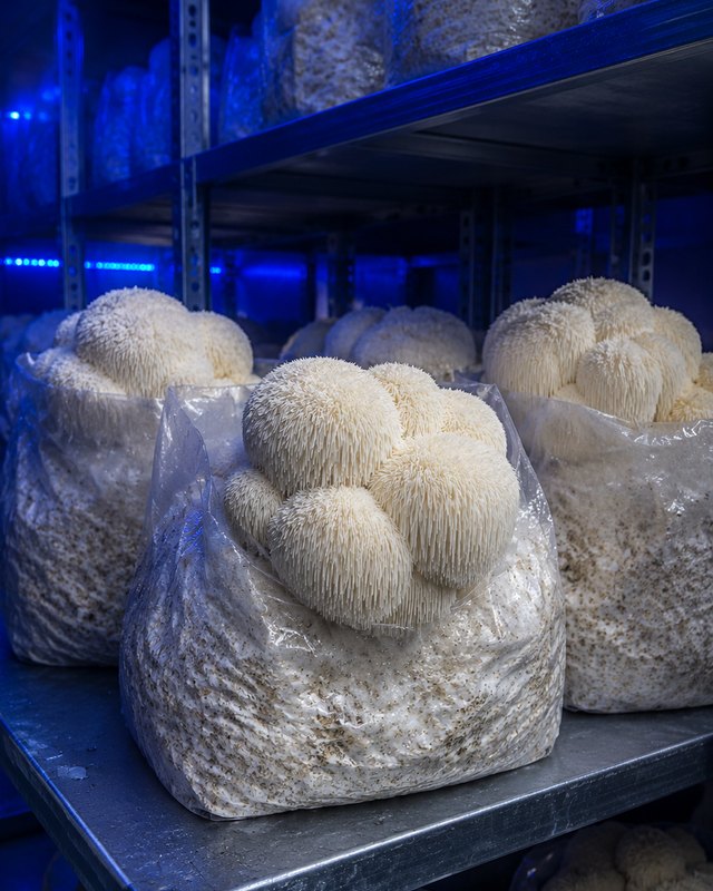 Hericium sterile mushroom blocks on shelves