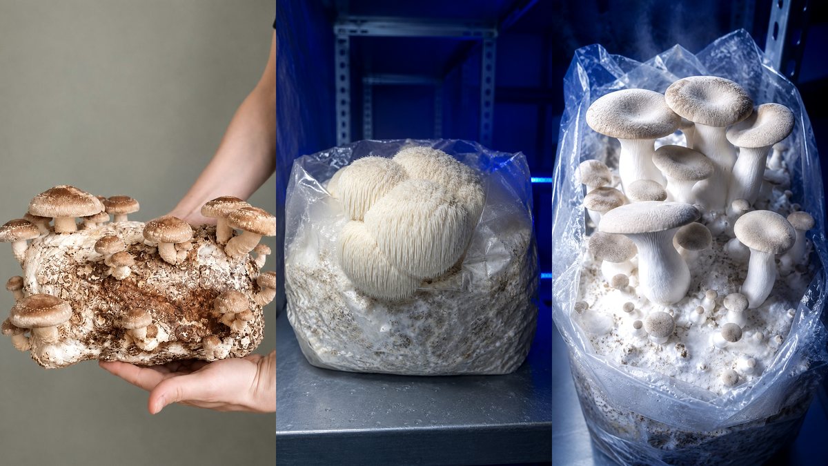 Product image showing shiitake, hericium, and king oyster sterile mushroom blocks
